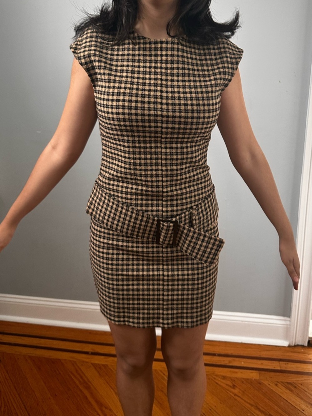 Zara Black and Tan Plaid Mini Dress with Waist Tie - Picture 7 of 9